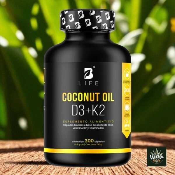 Coconut Oil D3 + K2 B Life® | 400 mg de Aceite de Coco por cápsula | Con Vitamina D3 y K2 | 300 Cápsulas